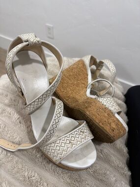 White Woven Cork Wedge Sandals - Women